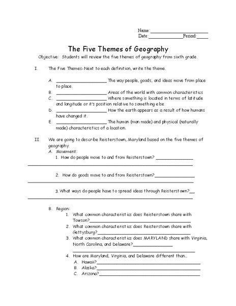 The Five Themes of Geography Worksheet for 7th - 9th Grade | Lesson Planet