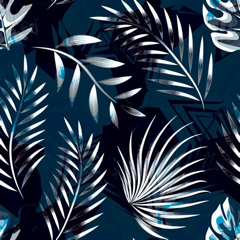 abstract blue palm leaves and foliage seamless pattern on dark ...