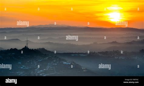 Aerial view, sunset over the Hollywood Hills, sunset, sun ball ...