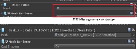 Selected Mesh in inspector is missing name, the link to mesh in assets ...