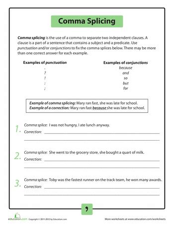 Comma Splicing Worksheet for High School Students