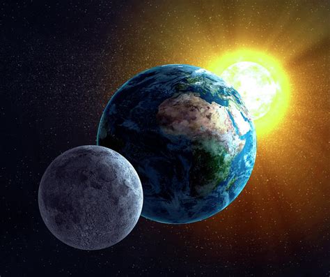 Earth, Moon And Sun, Artwork by Science Photo Library - Andrzej Wojcicki