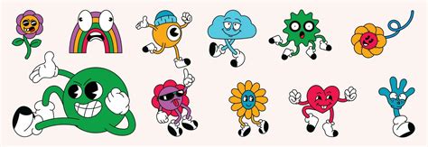 Set of 70s groovy element vector. Collection of cartoon characters ...