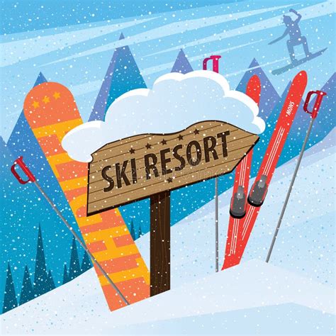 Snow Slope with Skis, Snowboard and Inscription Stock Vector ...