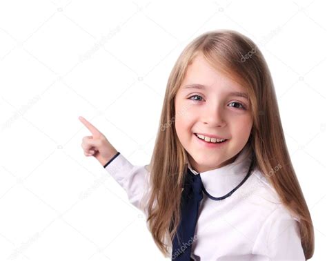 Child girl showing pointing finger isolated. — Stock Photo © NYS #172635864