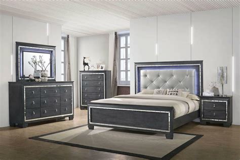 Contemporary Style Queen Size 4pc Set Grey Finish LED Backlit Bedroom ...