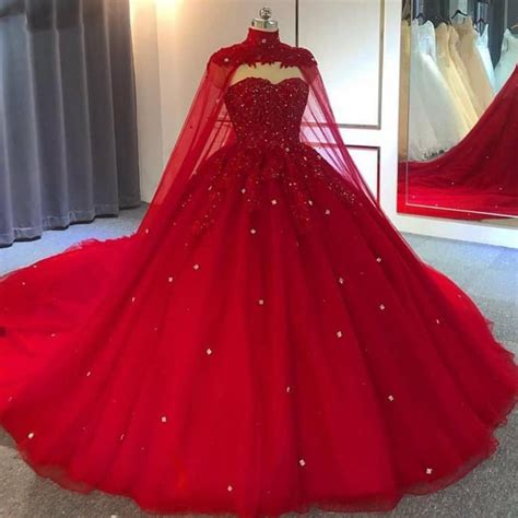 Beaded Red Ball Gown Dress with High Neck Cape Wrap - Lunss