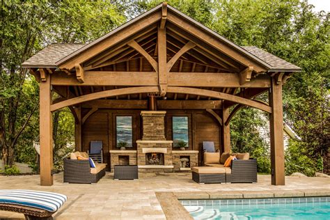 Poolside Timber Frame Pavilion w/Fireplace & Chandelier - Craftsman ...