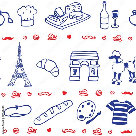 French symbols & icons illustrated seamless vector pattern Stock Vector ...