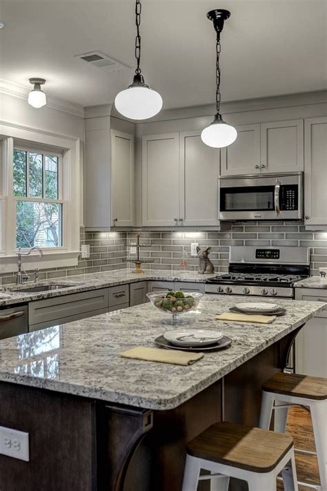 Gray Shaker Cabinets Subway Backsplash Tiles Granite Countertops Dark ...