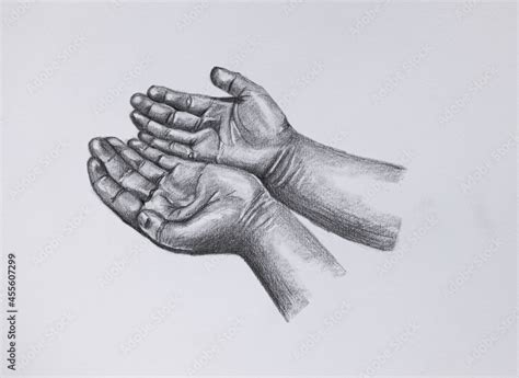 Sketch begging hands. Drawing hands praying for blessing on white paper ...