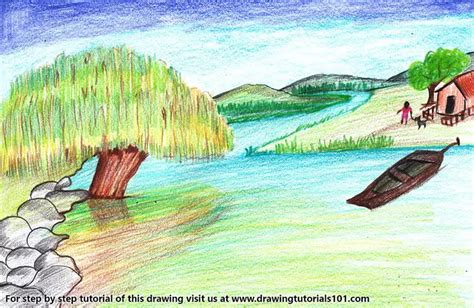 How To Draw A River With Colored Pencils / How to draw with crayons ...