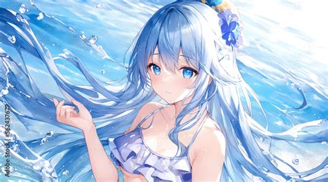 Sexy anime japanese girl big blue eyes on sea Stock Illustration ...