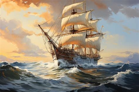 Premium Photo | Sailing Ship at Sea Oil Painting