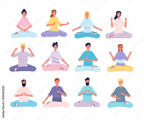 Meditation characters. Male and female person yoga poses sitting in ...