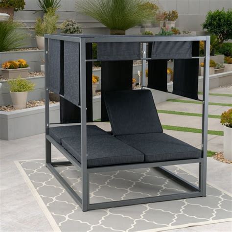 Amos Outdoor Aluminum Daybed with Canopy, Grey with Dark Grey Fabric ...