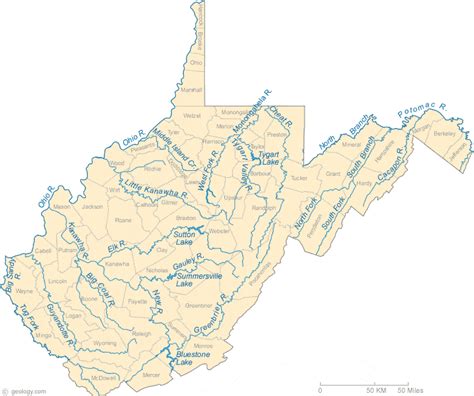 Map of West Virginia Lakes, Streams and Rivers