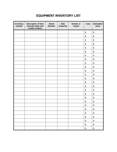 Equipment List Template - Free List Templates