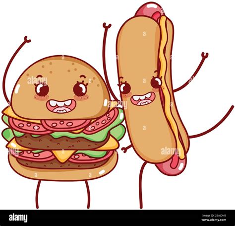 fast food cute tasty burger and hot dog cartoon vector illustration ...