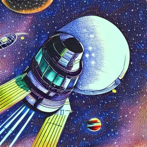 detailed spaceship in space, colored pencil and pen | Stable Diffusion