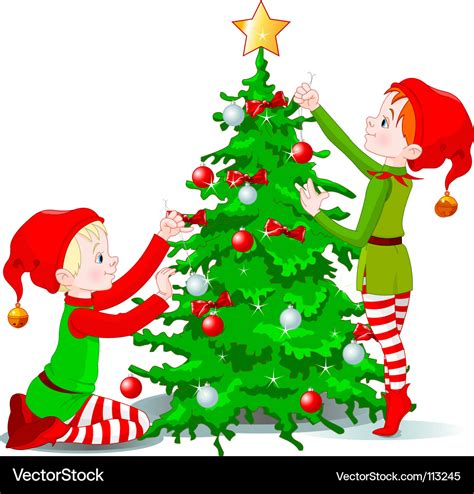 Elves decorate a christmas tree Royalty Free Vector Image