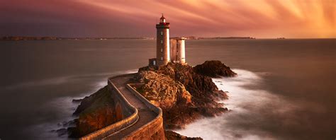 Lighthouse Wallpaper 4K, Rocky cliff, Sunset, Seascape