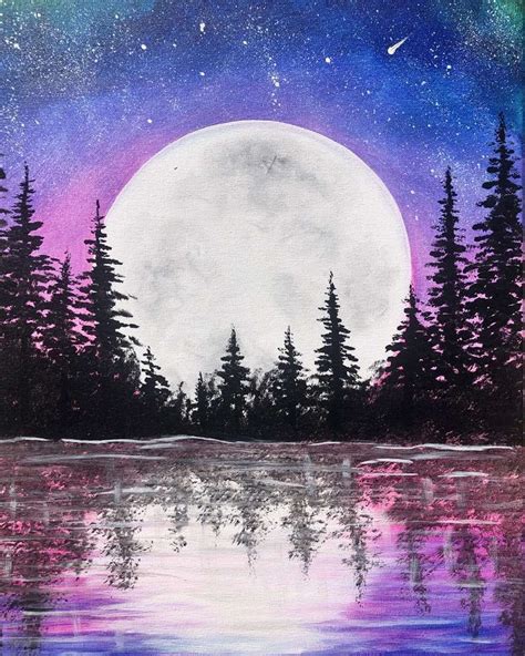 Moonrise Lake | Canvas art painting, Painting art projects, Painting