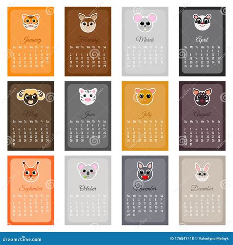 Cute Monthly Calendar 2020 with Animals Stock Vector - Illustration of ...