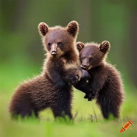 Black bear cub playing with two smaller brown bear cubs on Craiyon