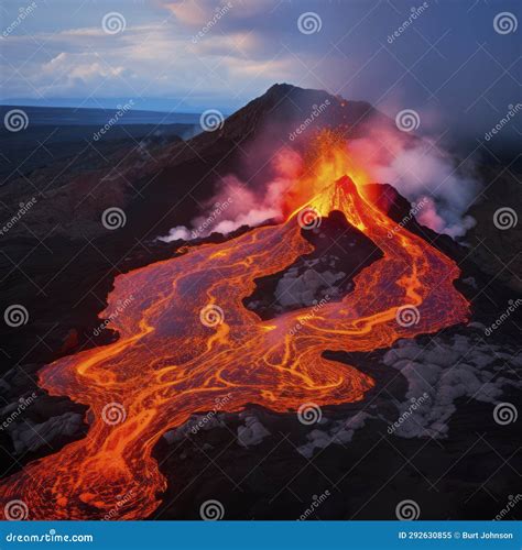 Volcano with Active Lava Flow Stock Illustration - Illustration of ...