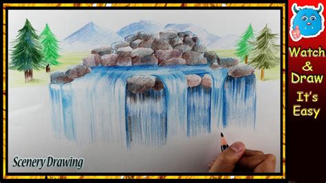 Watercolour Waterfall Drawing Easy / How to draw simple scenery for ...