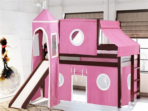 JACKPOT! Princess Low Loft Bed with Slide Pink & White Tent and Tower ...