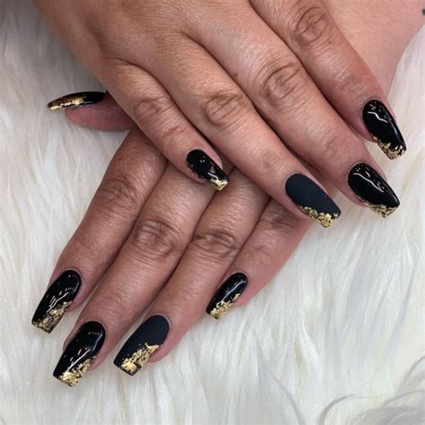 30 Best Black Nail Designs For 2022 : Gold Foil Side Tip Nails