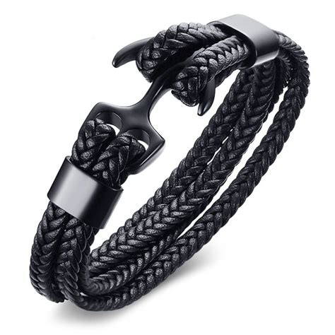 Men's Black Braided Leather Stainless Steel Anchor Bracelet ...