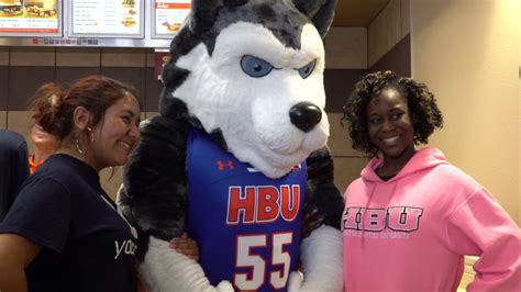 Whataburger is greeted by HBU's Mingo - YouTube