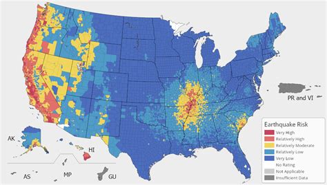 Map of the United States by highest risk for an earthquake (source ...