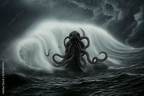 Kraken or an octopus monster in the middle of the dark ocean with black ...