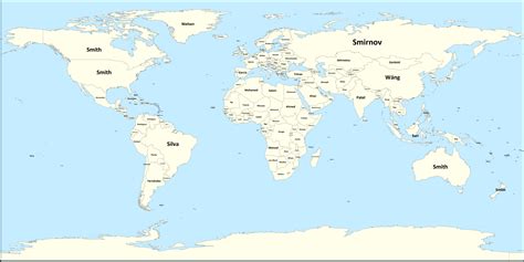 Most common surname by country [OC] [8192x4107] : r/MapPorn