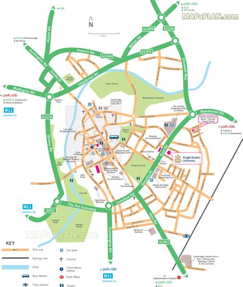 Cambridge map - Map showing directions to Park and Ride car park locations