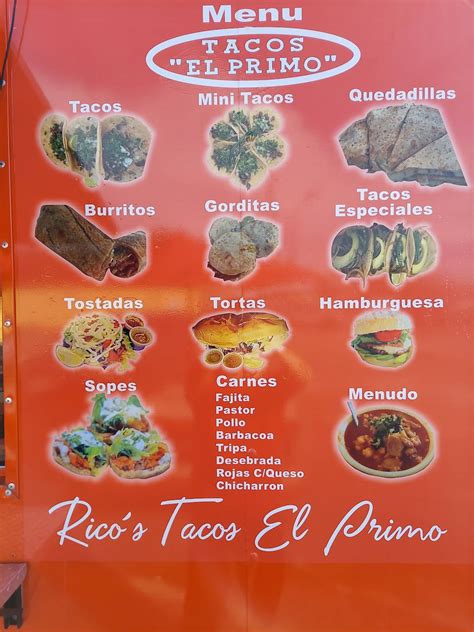 Menu at Rico’s Tacos el primo restaurant, Hitchcock, 7127 Hwy 6