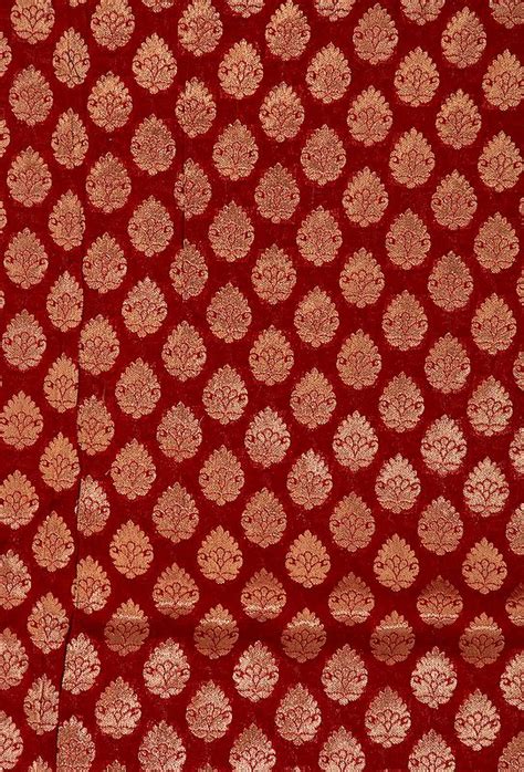 Red Banarasi Katan Georgette Fabric with Woven Leaves | Exotic India Art