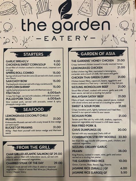 Menu at The Garden Eatery restaurant, Tea Gardens