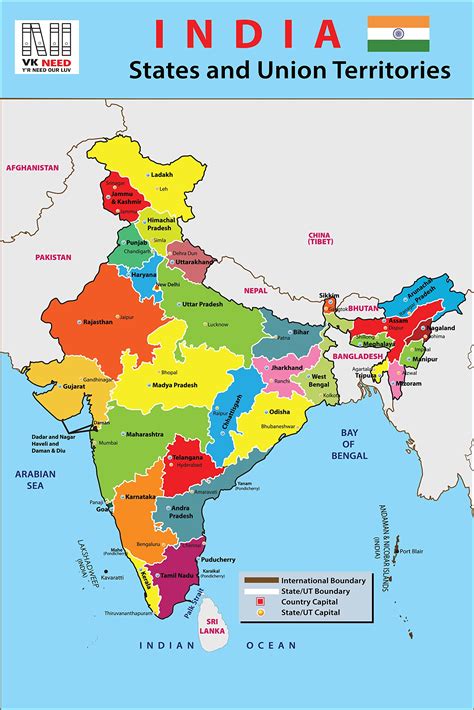 VK NEED INDIA MAP STATE WITH CAPITAL WALL CHART (12X18 INCH) WITH ...