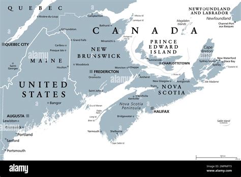 Maritimes region of Eastern Canada, Maritime provinces, gray political ...