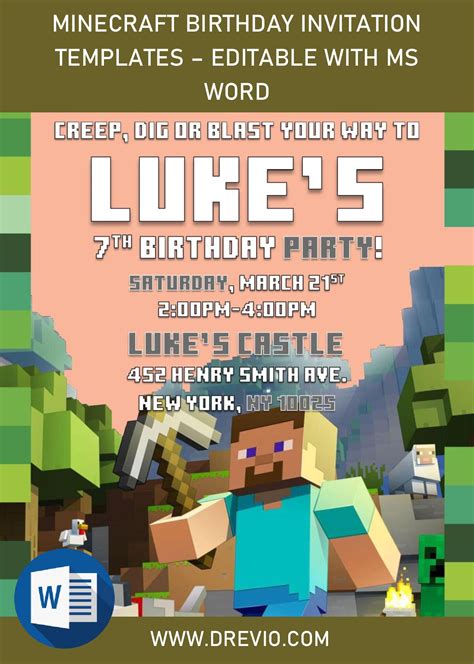 Minecraft Birthday Invitation Templates – Editable With MS Word ...