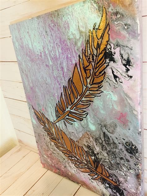 gold feather, feather art, fluid painting feather, grey art - Mixed ...