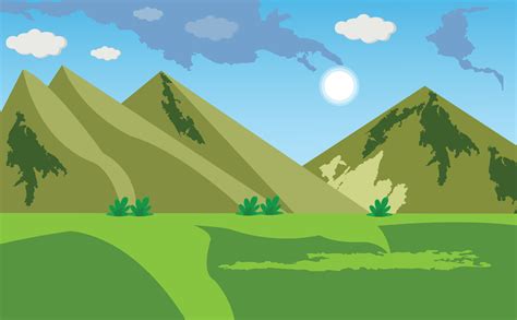 Cartoon mountain landscape with blue sky, sun and Clouds, green field ...