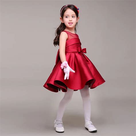 Dark Red Taffeta Little Girl Dress With Bow Round Neck Short Kids ...