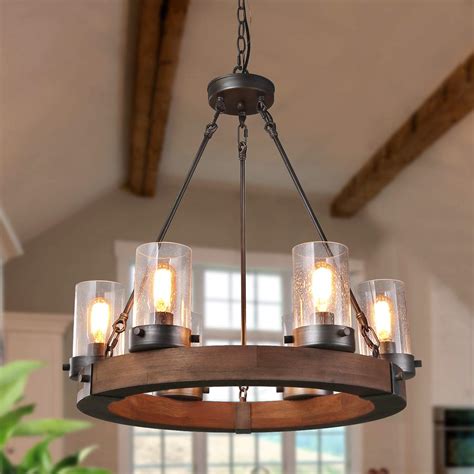 GEPOW Farmhouse Wood Chandelier, Round Wagon Wheel Light Fixture with ...