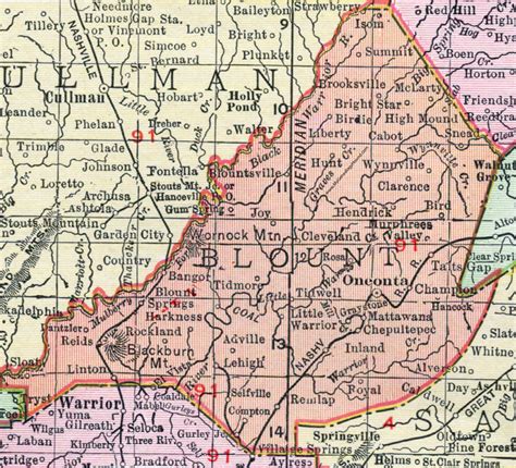 Blount County, Alabama, Map, 1911, Oneonta, Blountsville, Cleveland